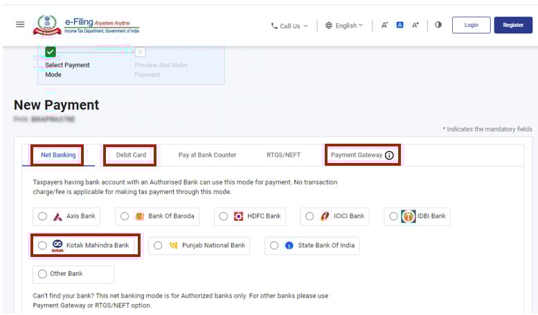 Step 7- select the payment mode under online payment - Kotak advance tax payment