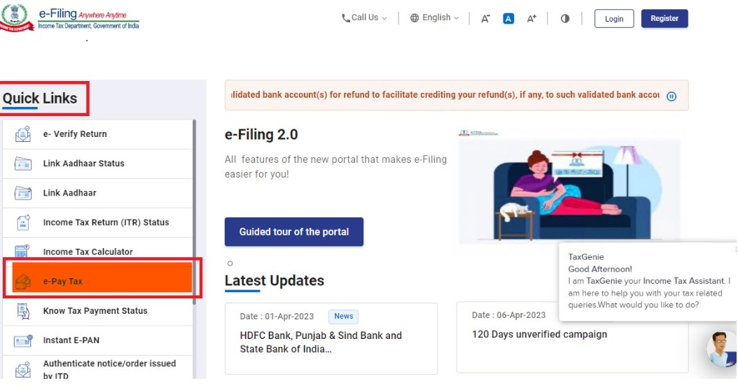Step 1- Go to the e-Filing portal - Kotak advance tax payment