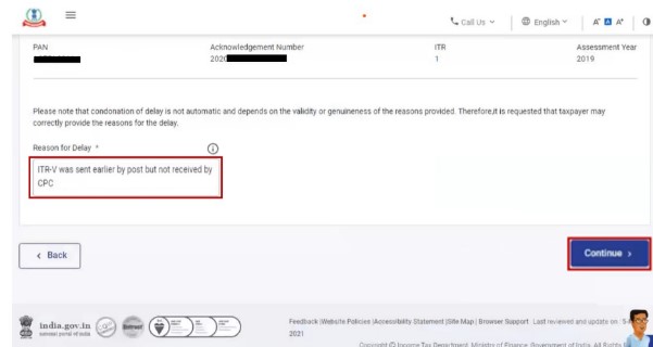 Select Reason of Delay e-verify ITR